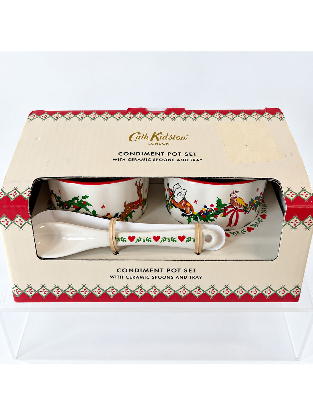 Cath Kidston Christmas Condiment Pot Set Ceramic Spoons Tray New Sealed Box